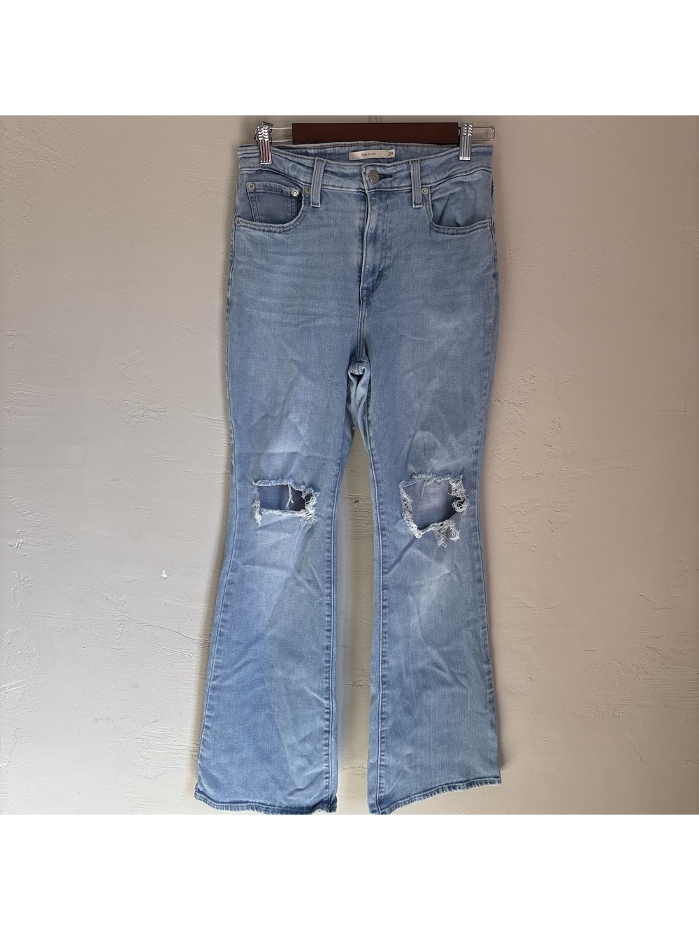 Levis 726 High Rise Flare Jeans Womens Size 29 Distressed Ripped Knee Light Wash
